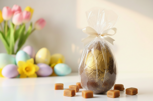 A large Easter egg-shaped chocolate with a caramel and coffee marshmallow fluff filling, wrapped in clear plastic with a white ribbon.