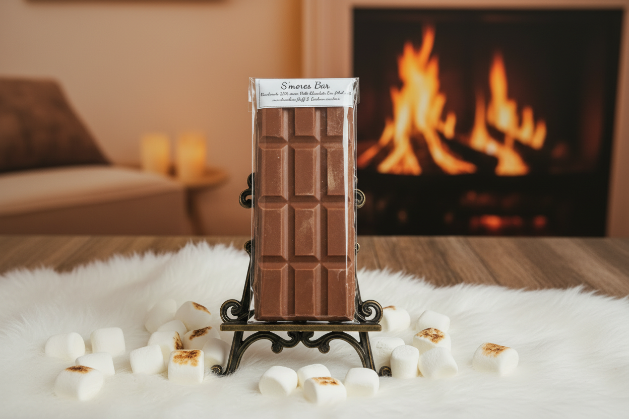 Chocolate bar filled with marshmallow fluff on a decorative stand